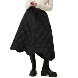 Ganni Black Quilted Recycled Ripstop Scalloped Hem Midi Skirt Size 42/12